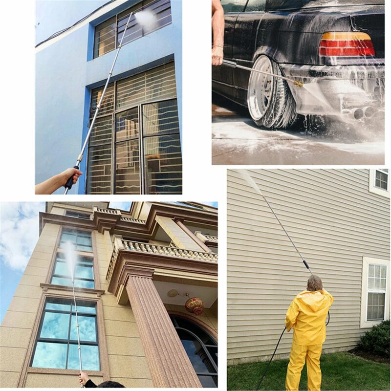 "4000 PSI telescoping high-pressure washer wand with 6 nozzle tips, ideal for gutter cleaning and reaching high areas easily.
