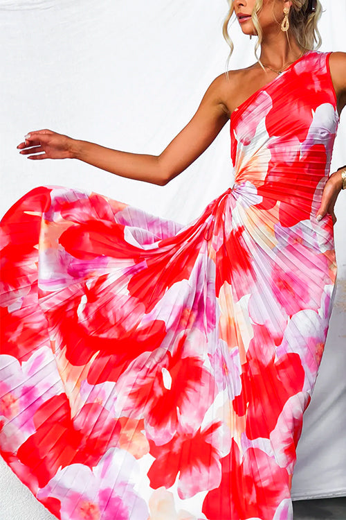 Stylish women's floral pleated maxi dress, a perfect wedding guest outfit for summer events.