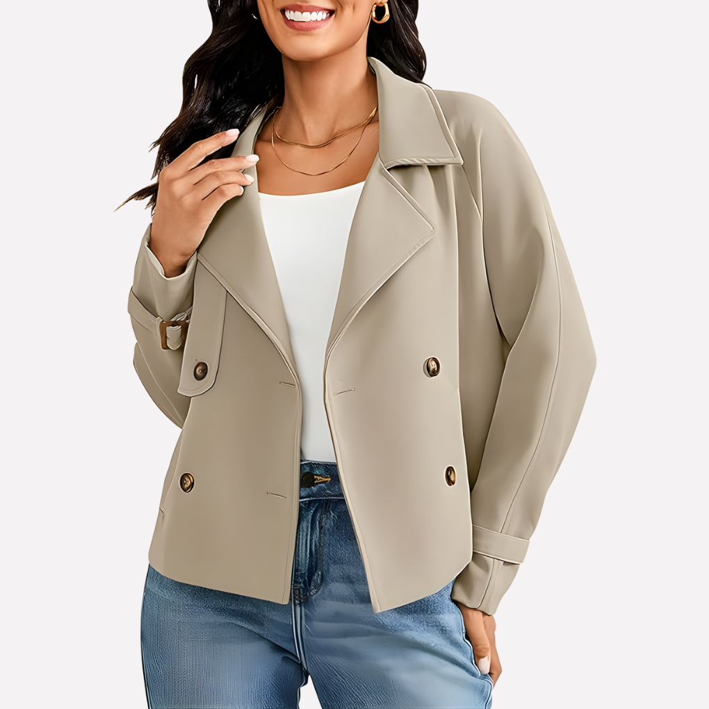 Elegant women's khaki blazer. Tailored jacket perfect for professional office wear & smart business attire.