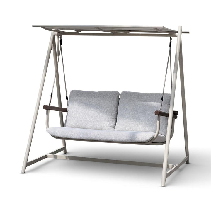 Comfortable cream 2-seater outdoor swing chair for patio or garden, featuring soft cushions & sturdy frame.