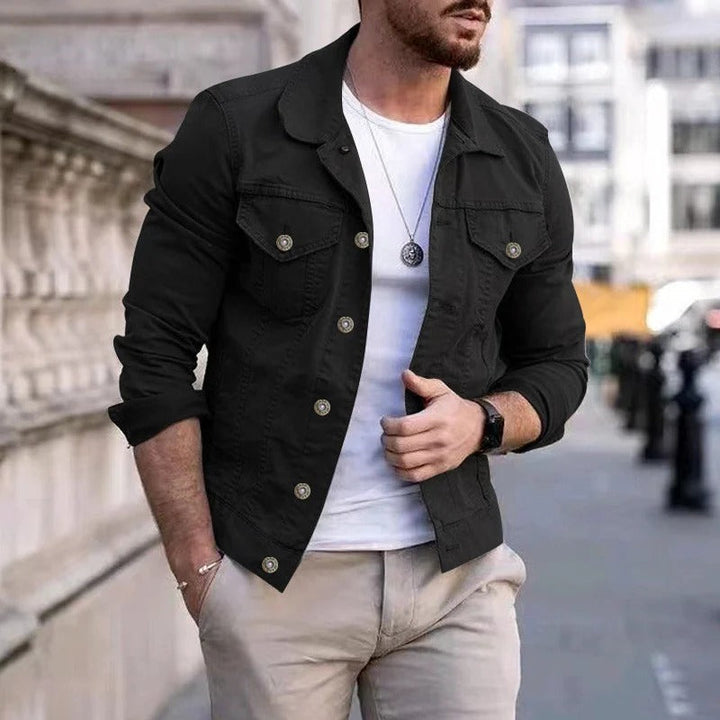 Stylish man modeling a classic all-season button-up jacket, ideal for versatile casual men's fashion.
