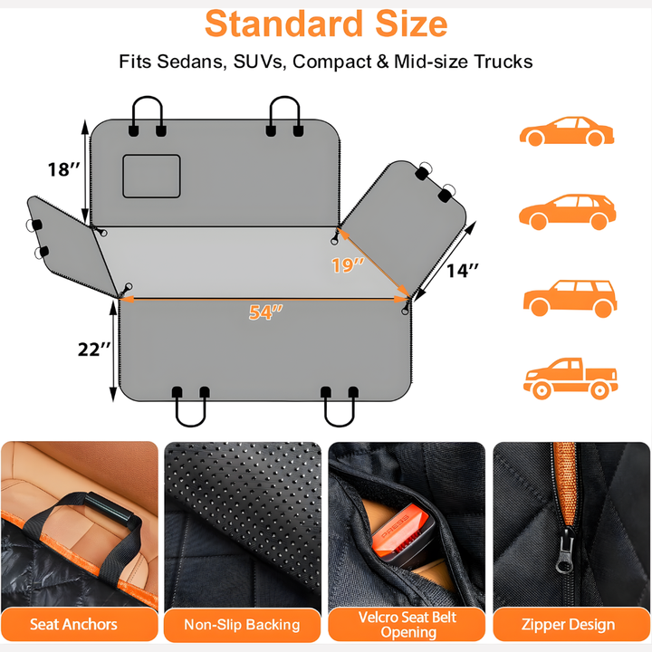 Easy-clean, durable pet car seat cover. Scratch-proof & water-resistant vehicle protection for all your dog travels.