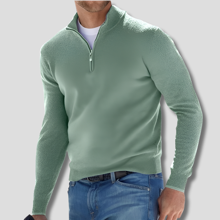 Men's zipper collar pullover, a comfortable long sleeve casual sweater, ideal for any relaxed occasion.