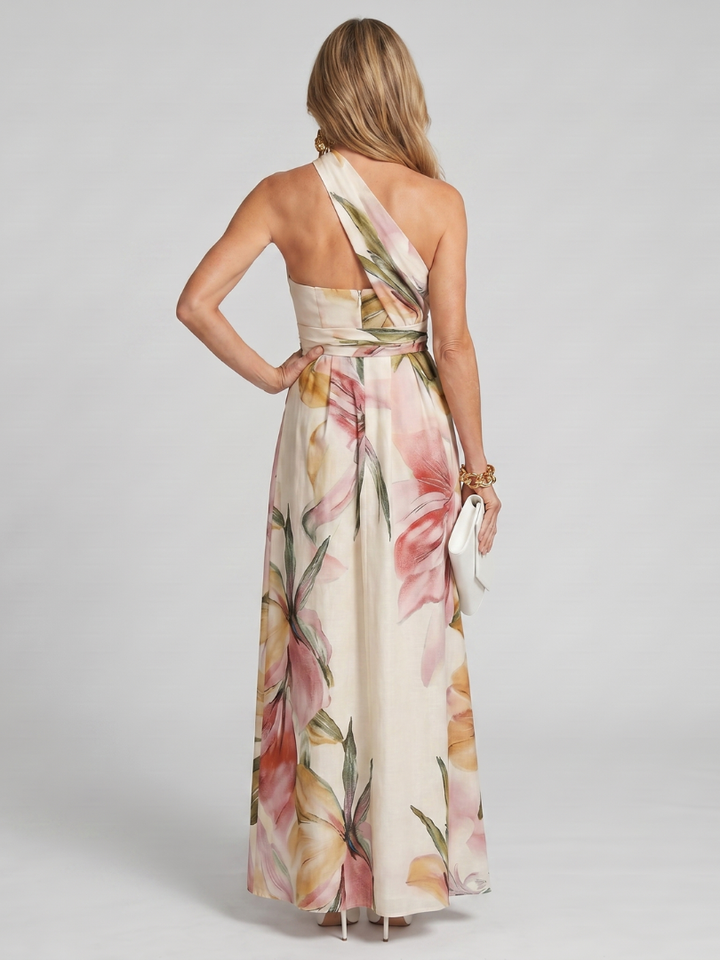 Comfortable women's halter maxi dress with a beautiful flowing skirt, excellent for warm weather.
