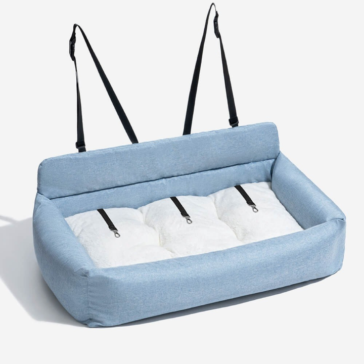 Comfortable dog car bed for back seat travel. Durable, washable pet safety car seat with bolster for large pets.