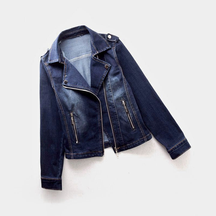 Close-up of a light blue women's denim jacket, showcasing its classic design and quality for timeless wear.
