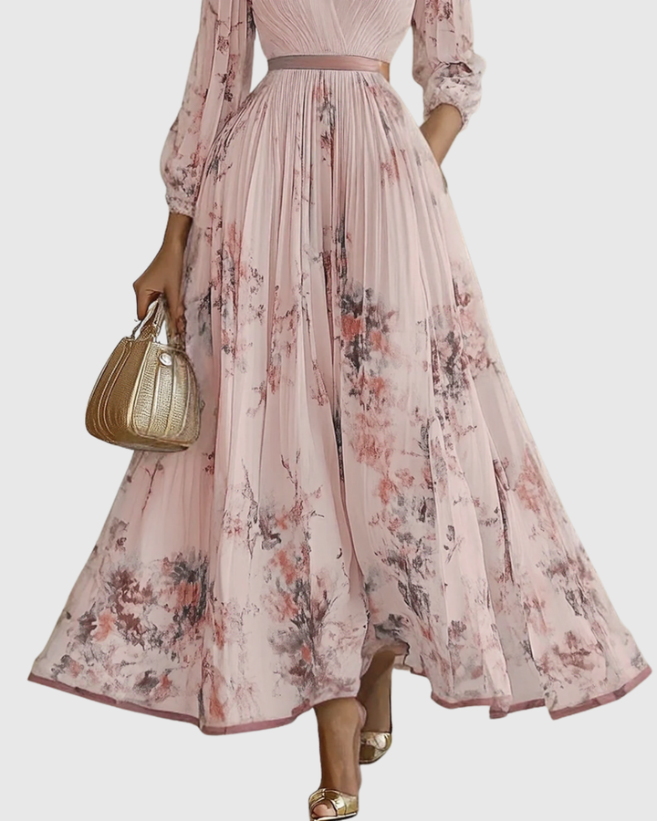 Women's V-neck pleated maxi dress, an elegant long dress for wedding guests and formal wear.