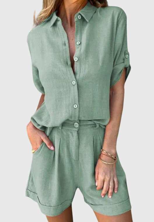 Soft women's casual two piece shorts set with short sleeves, a comfortable matching outfit for summer loungewear.