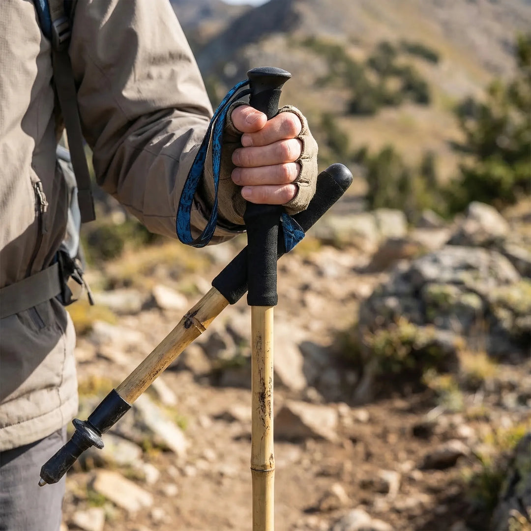 Compact folding trekking pole for hiking & travel. Lightweight, collapsible design for easy portability & storage.