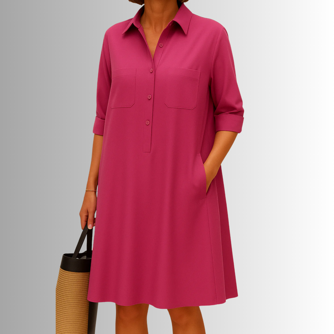 Chic women's collared A-line midi dress with a full button-front and 3/4 sleeves, great for spring fashion.