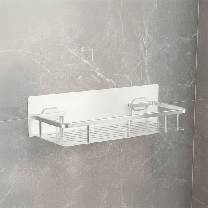 Adhesive bathroom wall shelf for shower organization. No drilling needed, ideal storage solution.