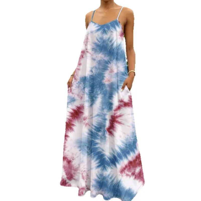 Comfortable women's sleeveless tie-dye maxi dress, ideal for casual summer days.