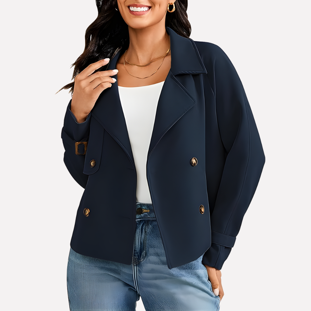 Women's sleek professional blazer jacket. Stylish outerwear for business, office or sophisticated casual looks.