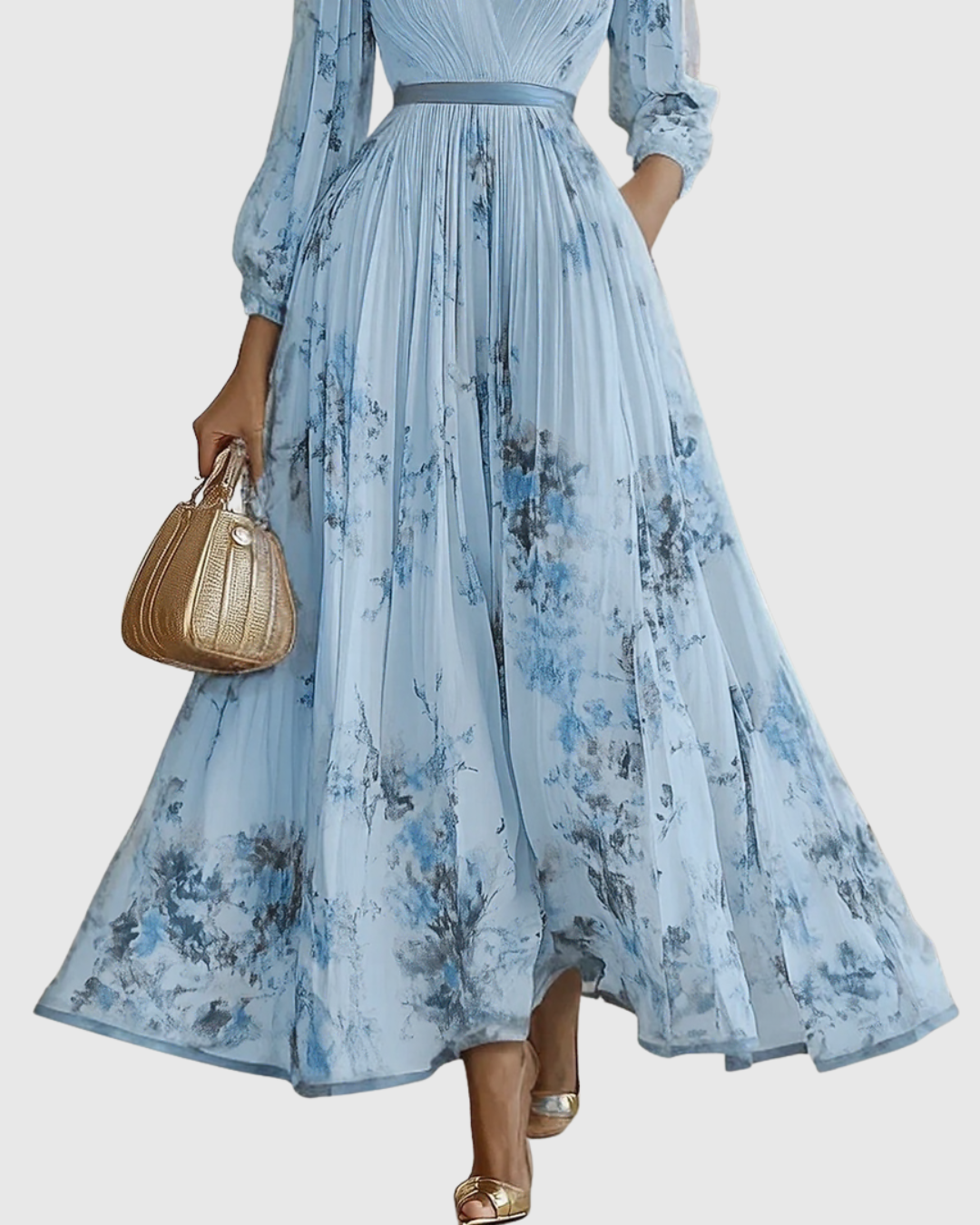 Deep V-neck pleated maxi dress for women, an elegant wedding guest or cocktail party attire.