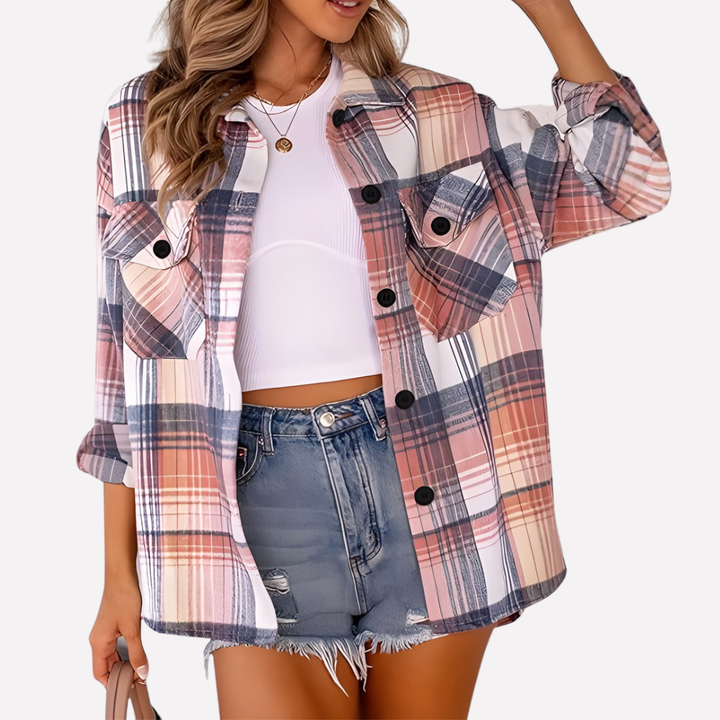 Women's long sleeve plaid jacket, a casual button-front shacket for effortless layering.