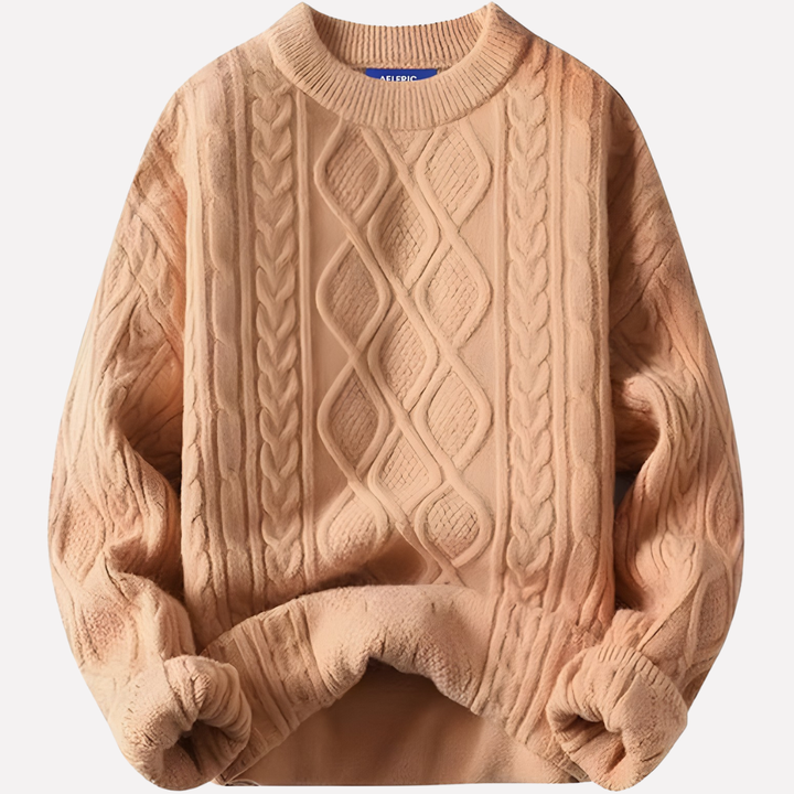 Fall fashion women's knitwear: vintage 90s cable knit crewneck sweater, casual long sleeve pullover.