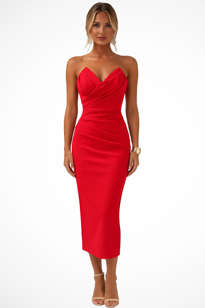 Party-ready ruched sweetheart midi dress, women's fitted bodycon, sleeveless design.