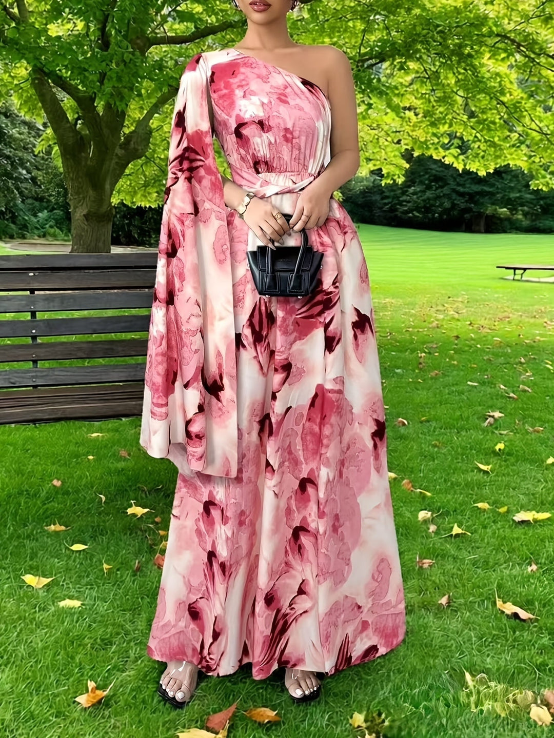 Elegant Women's One-Shoulder Floral Maxi Dress, perfect for wedding guests & special occasions.