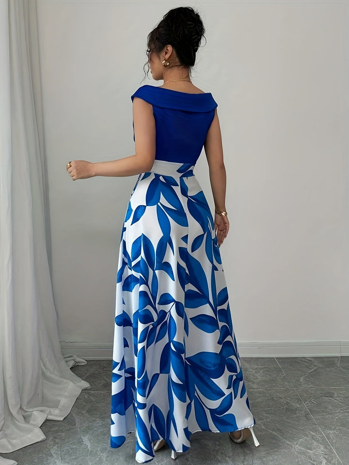 Flowy A-line V-neck maxi dress. Elegant long formal gown for women, perfect for wedding guests & evening events.