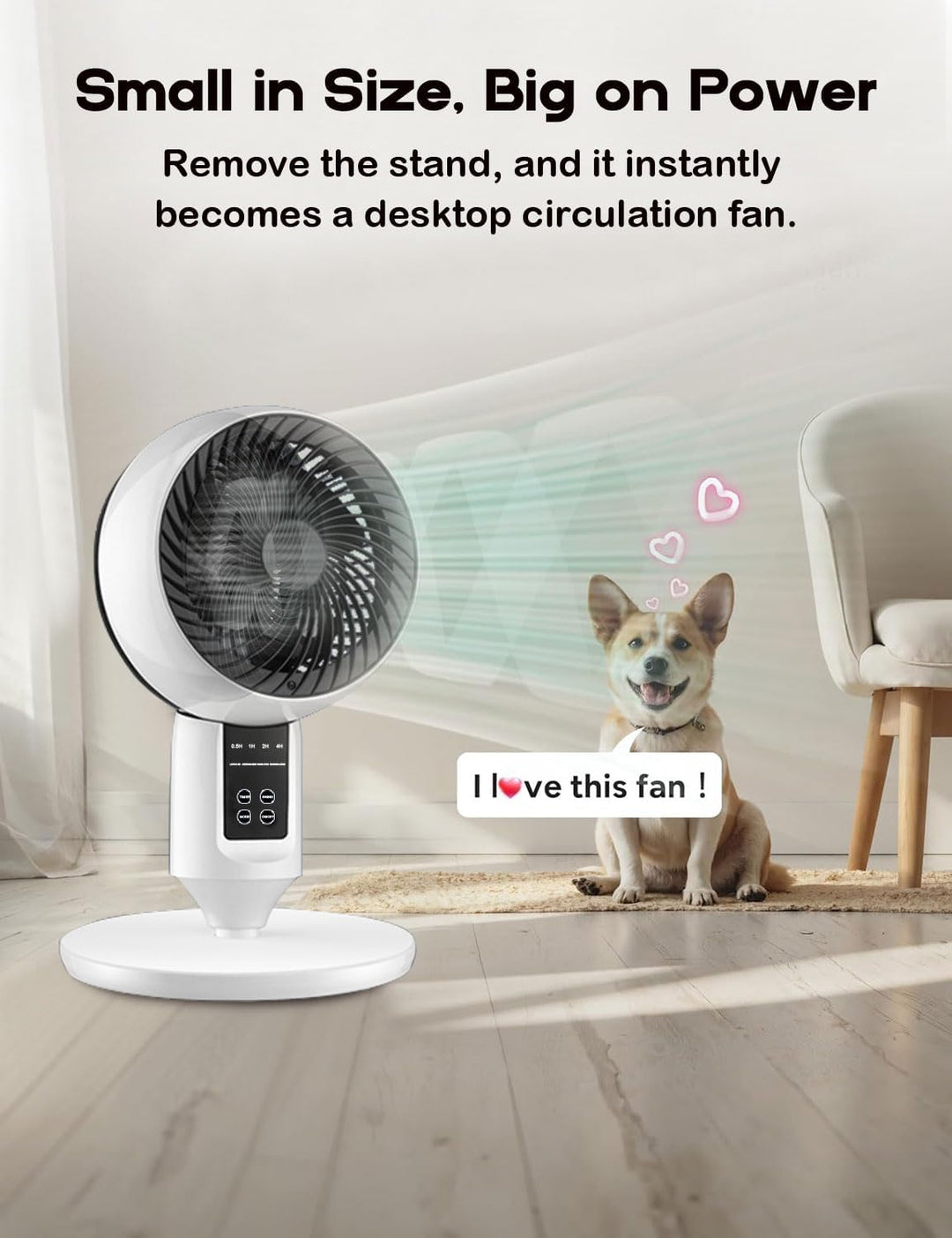 Tavvitaimp18 home cooling fan. Remote, quiet, oscillating, adjustable height. Optimal comfort for any room.