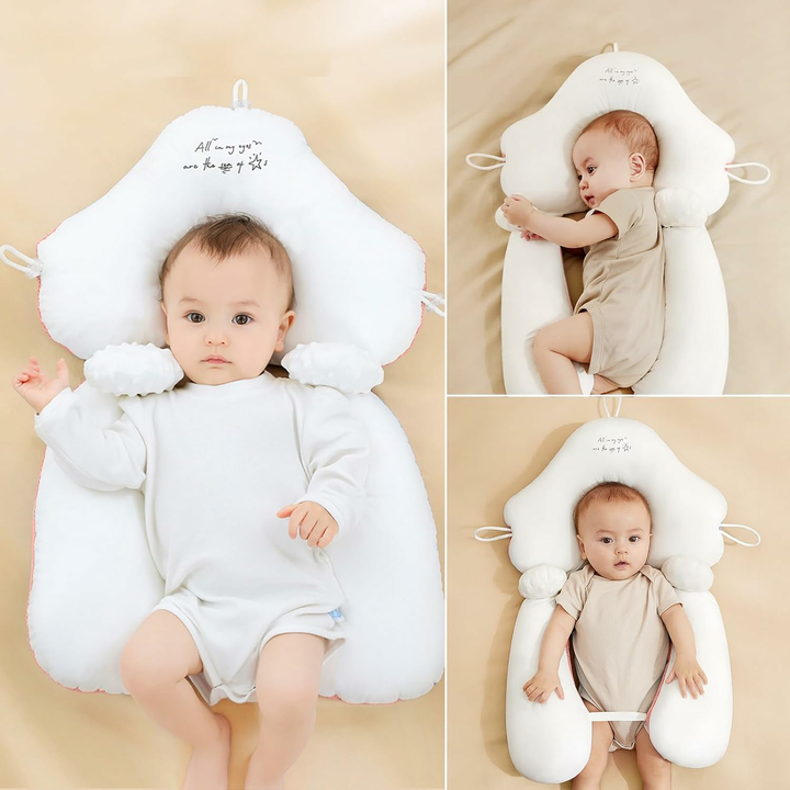 Gentle sleep organic cotton infant head support, U-shape baby pillow for stroller & car seat comfort.