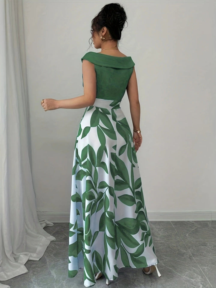 Woman modeling an elegant A-line V-neck maxi dress. Long formal wedding guest gown, ideal for evening events & parties.