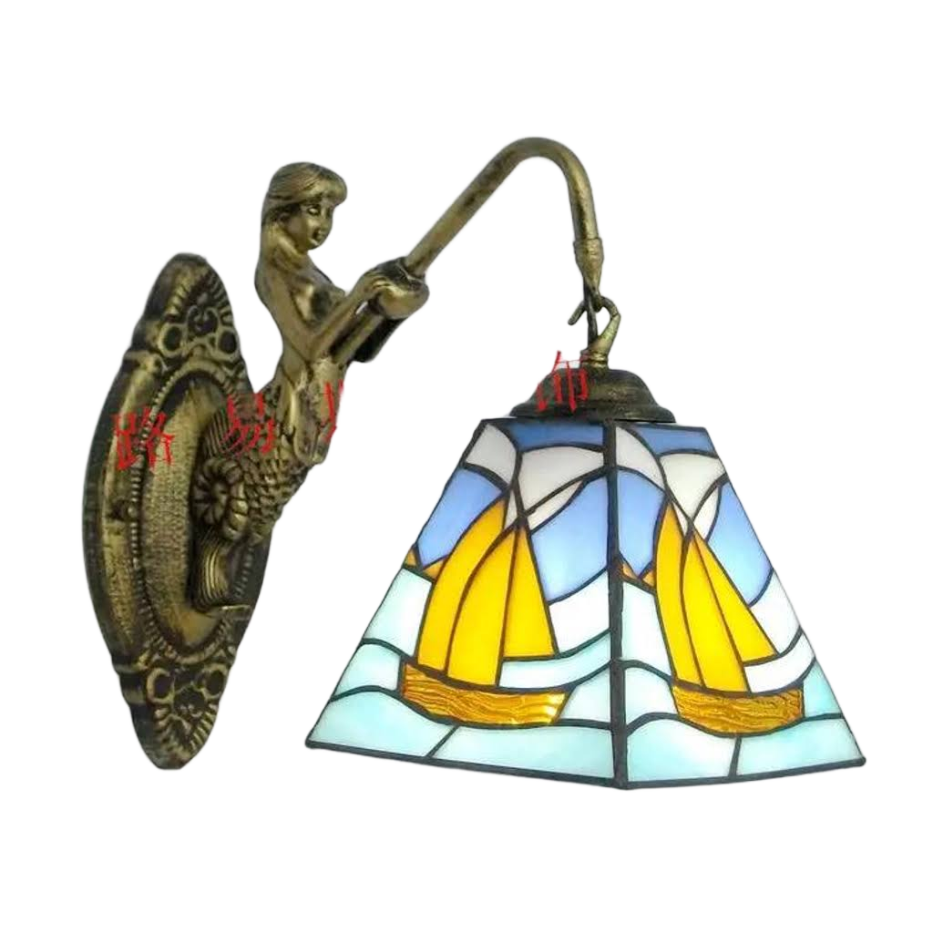 Handcrafted mermaid glass LED wall lamp, unique artistic lighting for modern home decor.