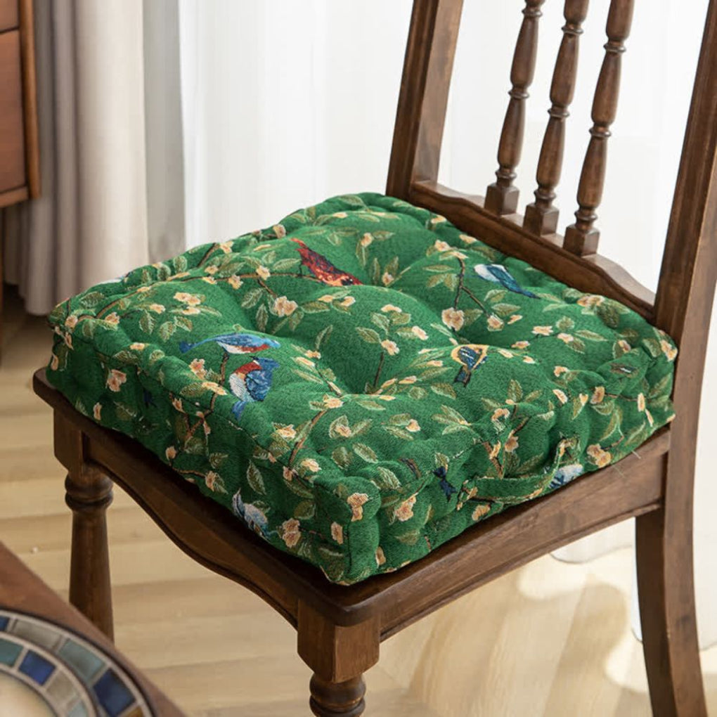 Unisex padded seat cushion with ties, a comfy & colorful chair pad for dining or patio use. Durable polyester.
