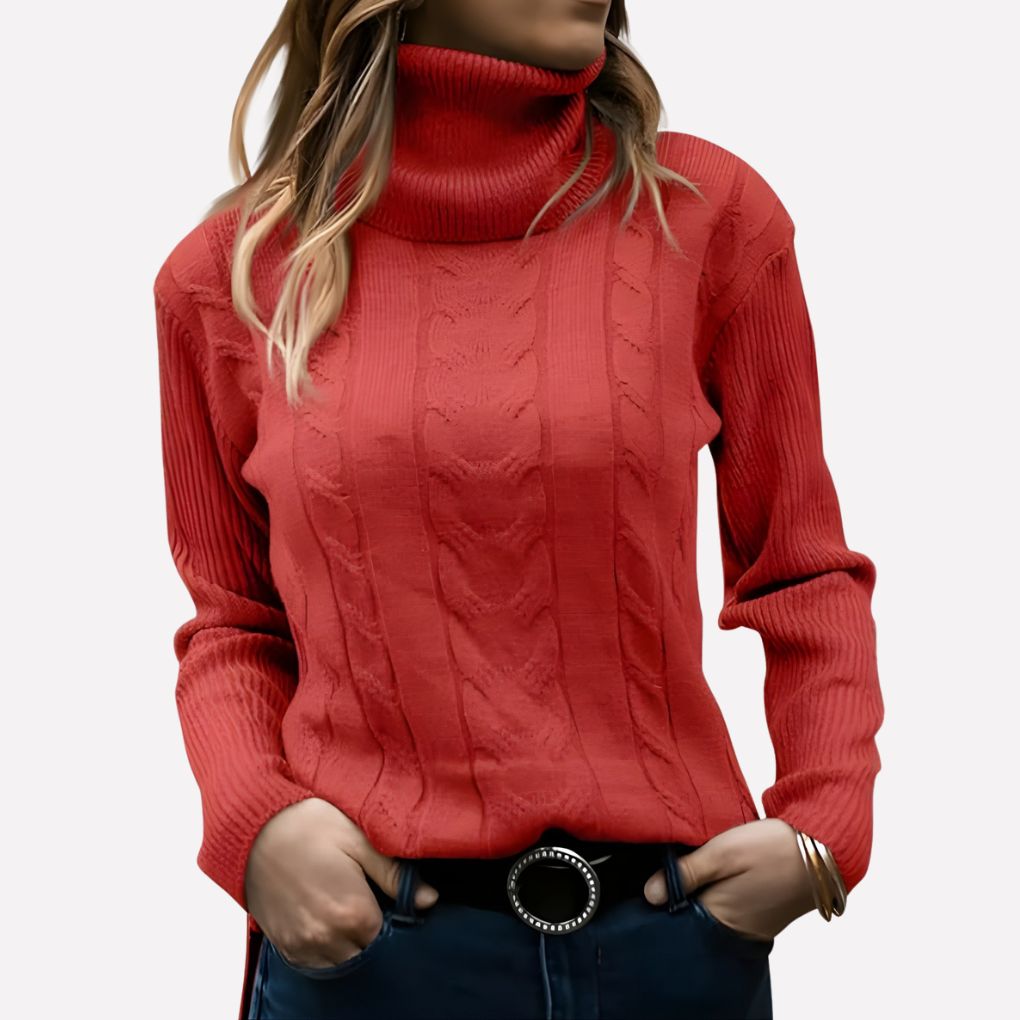 Stylish women's casual turtleneck pullover sweater for cold weather fashion.