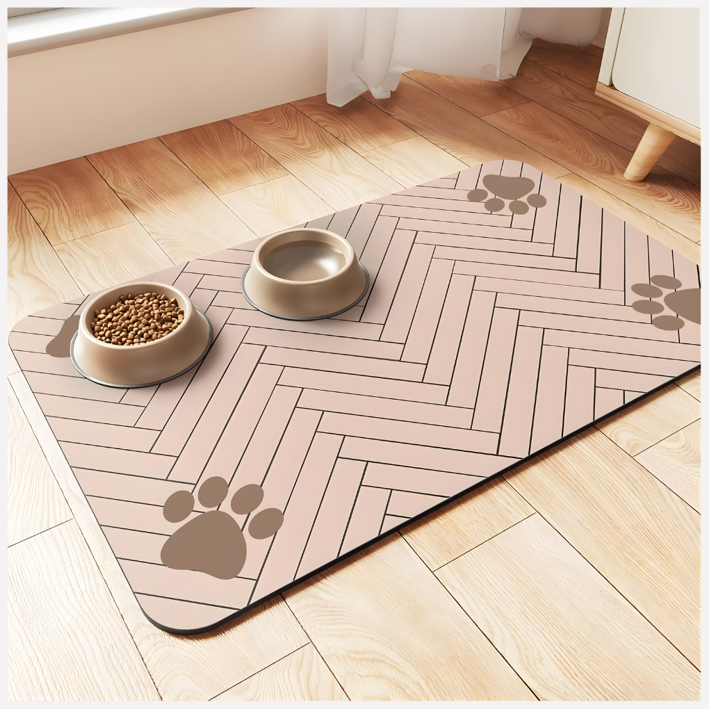 Highly absorbent rubber pet mat for dog & cat food and water bowls. Keeps floors dry & clean.