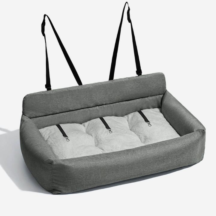 Plush dog car back seat bed with bolster for ultimate pet comfort. Washable & durable large dog travel car seat.