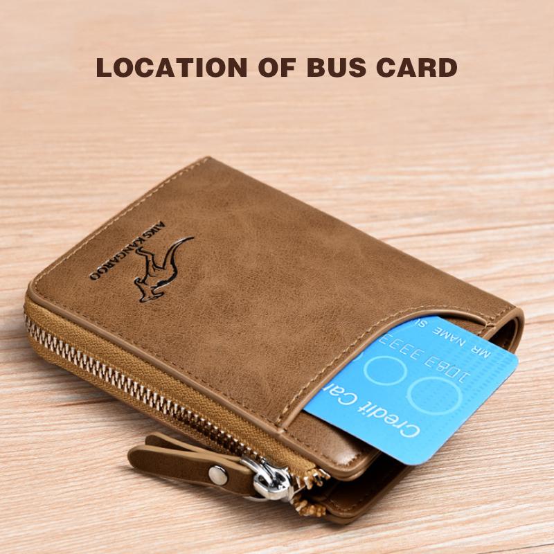 Open compact RFID blocking wallet, showing multiple card slots. A secure PU leather card holder for men & women.
