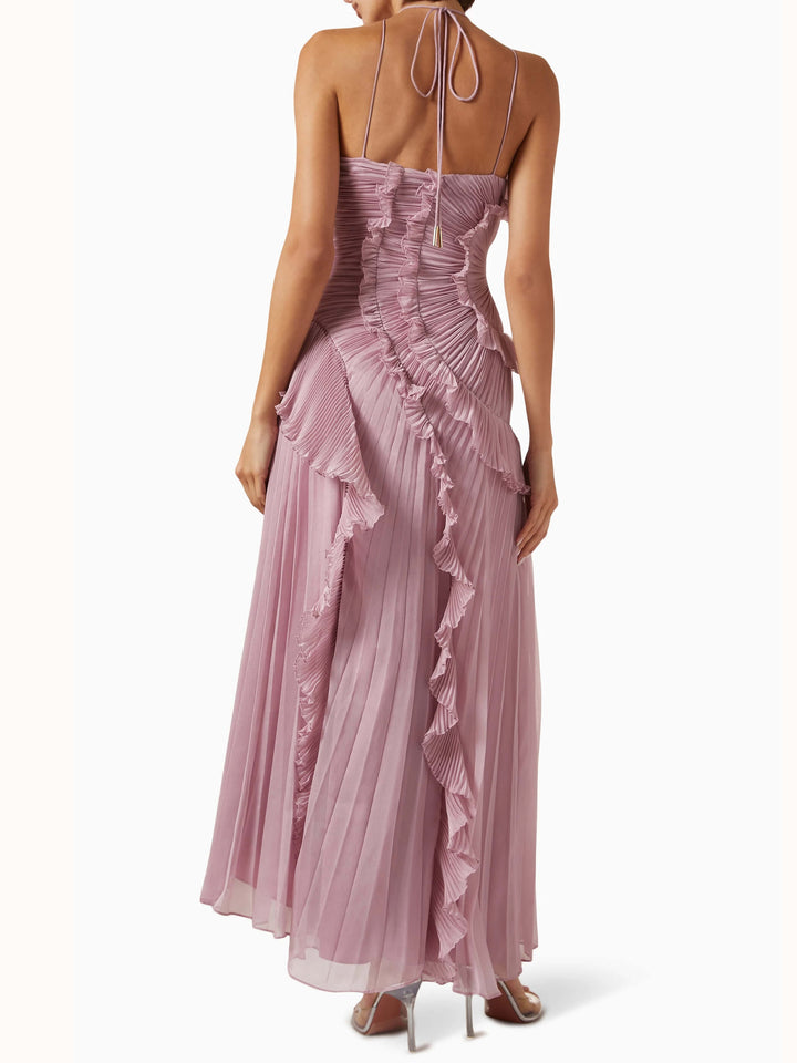 Perfect wedding guest dress: Sleeveless maxi gown with a sophisticated asymmetric pleated design. Formal.