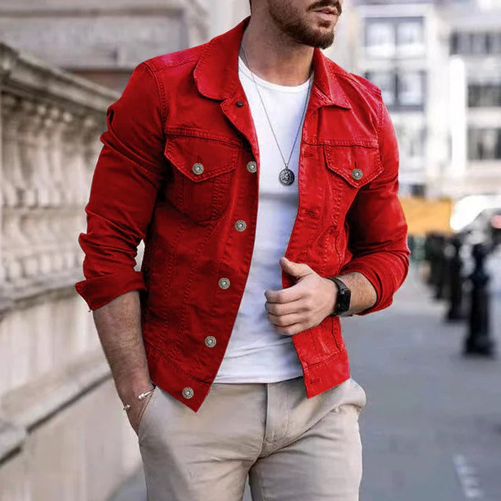 Close-up: structured fabric and buttons of a men's classic all-season jacket. Durable and stylish outerwear.