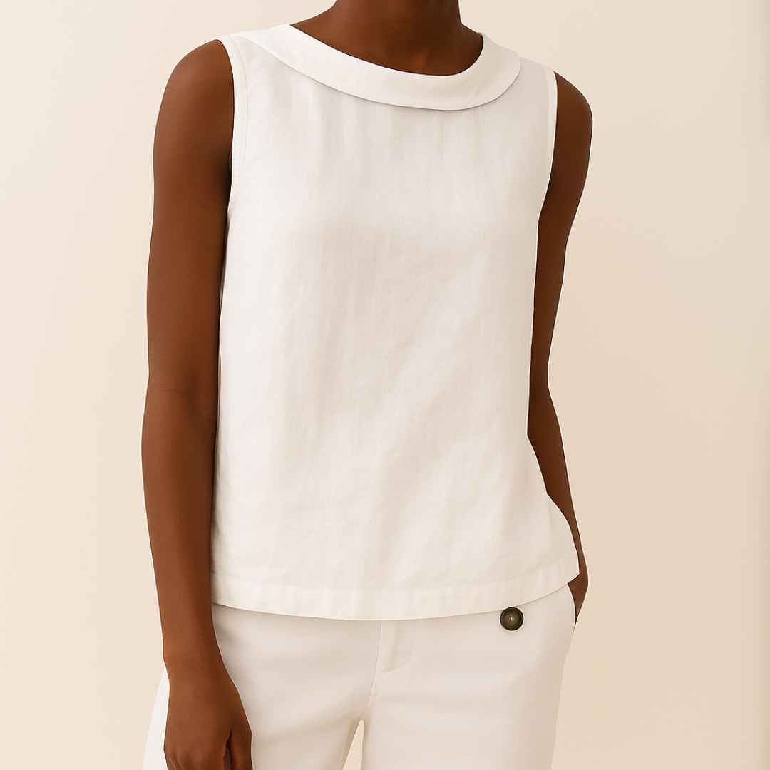 Lightweight women's sleeveless blouse with a classic round neck. Ideal for relaxed summer fashion & comfort.