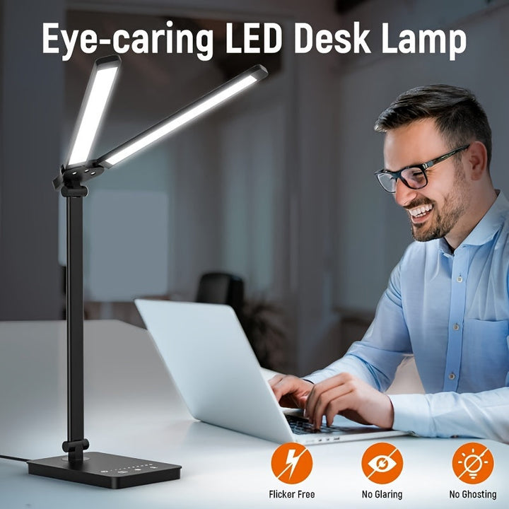 LED desk lamp with integrated device holder, touch control, and adjustable light for multi-tasking.