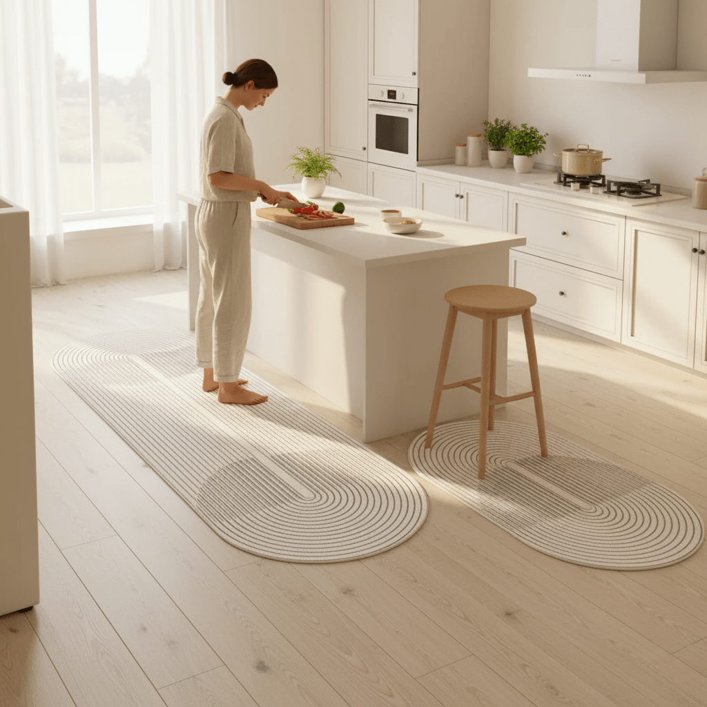 Soft ergonomic kitchen standing mat, anti-fatigue foam for pain relief & support, a must-have home essential.