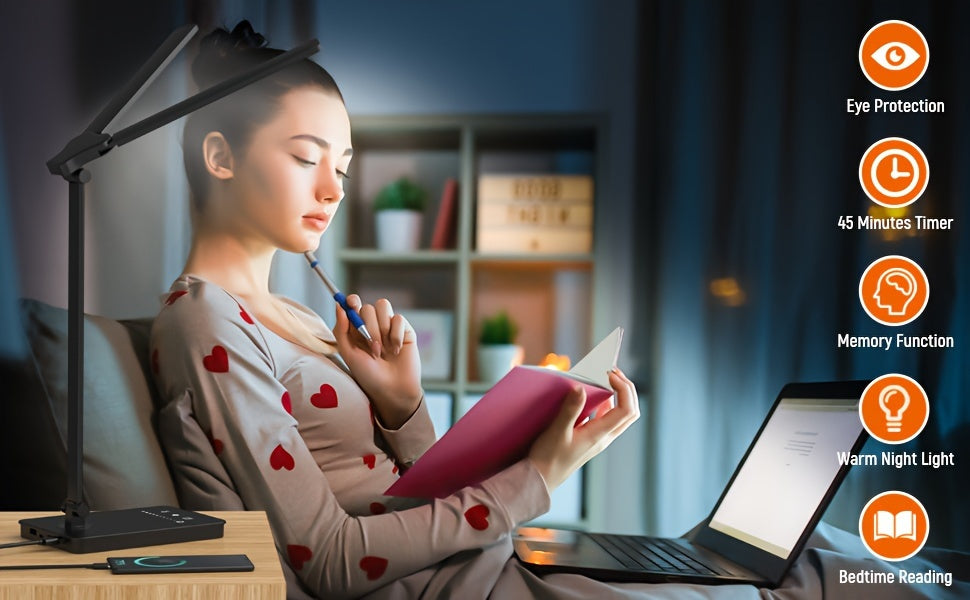 Modern LED desk lamp illuminating a contemporary workspace, featuring adjustable brightness & flexible arm.