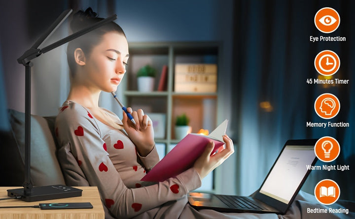 Modern LED desk lamp illuminating a contemporary workspace, featuring adjustable brightness & flexible arm.