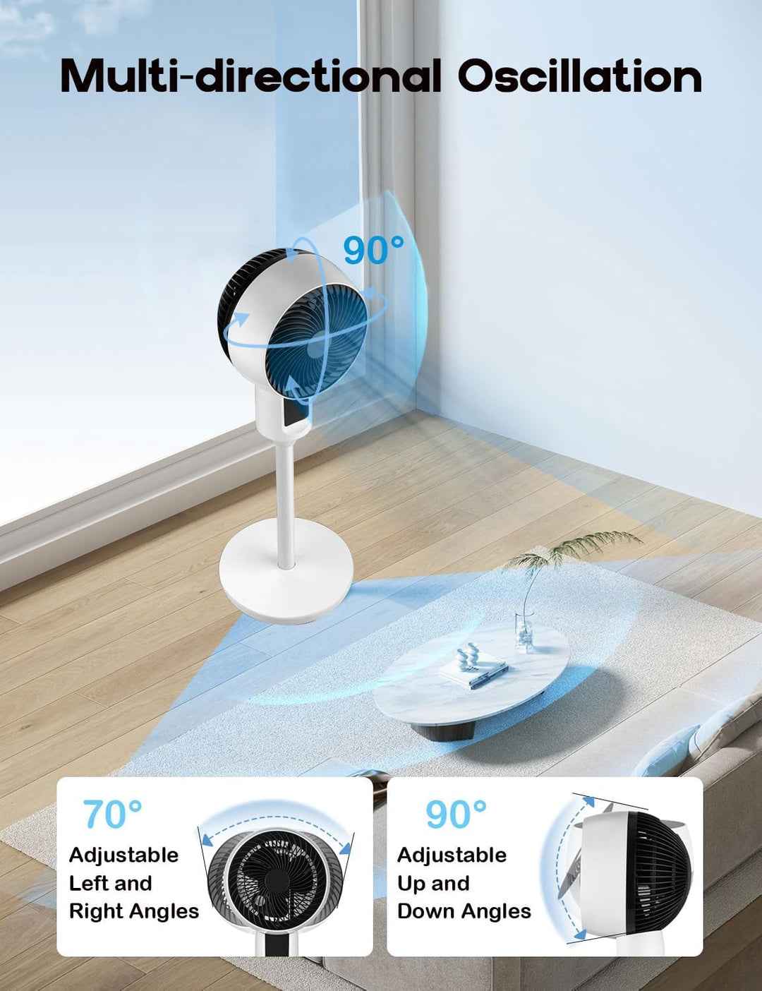 Adjustable height oscillating Tavvitaimp18 cooling fan, remote controlled, perfect for bedroom, office & home.