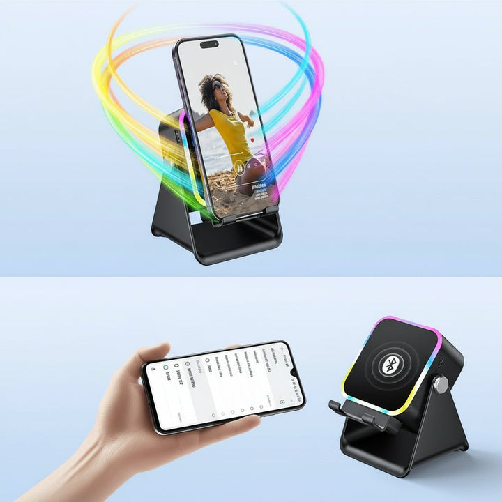 Sleek wireless speaker dock for smartphones, offering crisp audio and a stable phone stand for your desk or nightstand.