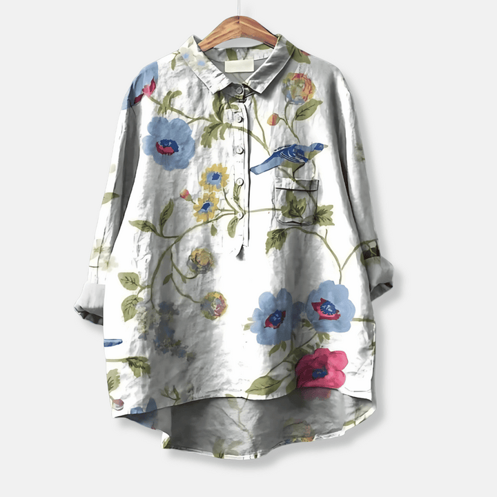 Comfortable women's loose-fit floral long sleeve button-front blouse. Effortless casual spring & summer top.