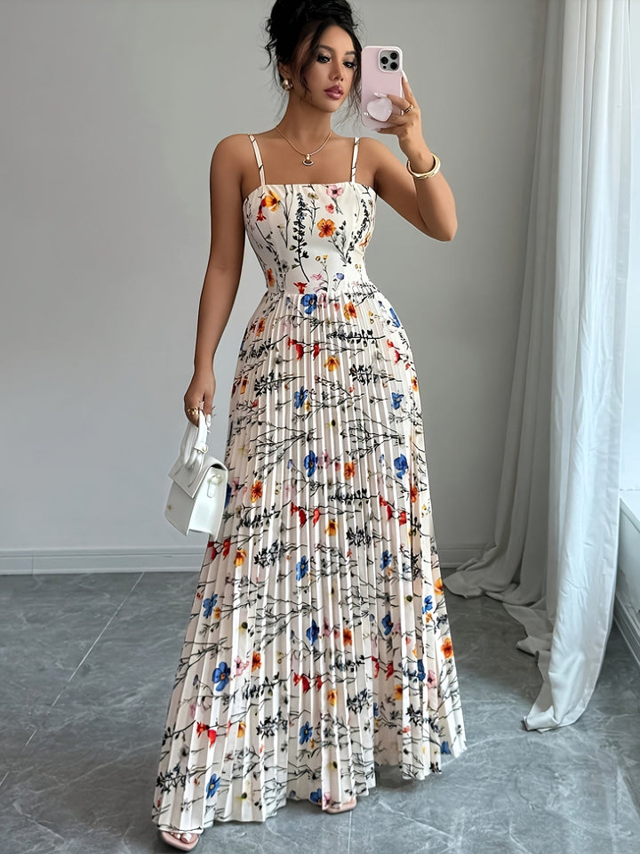 Elegant women's floral pleated maxi dress. Perfect for summer vacations, special occasions & feminine style.