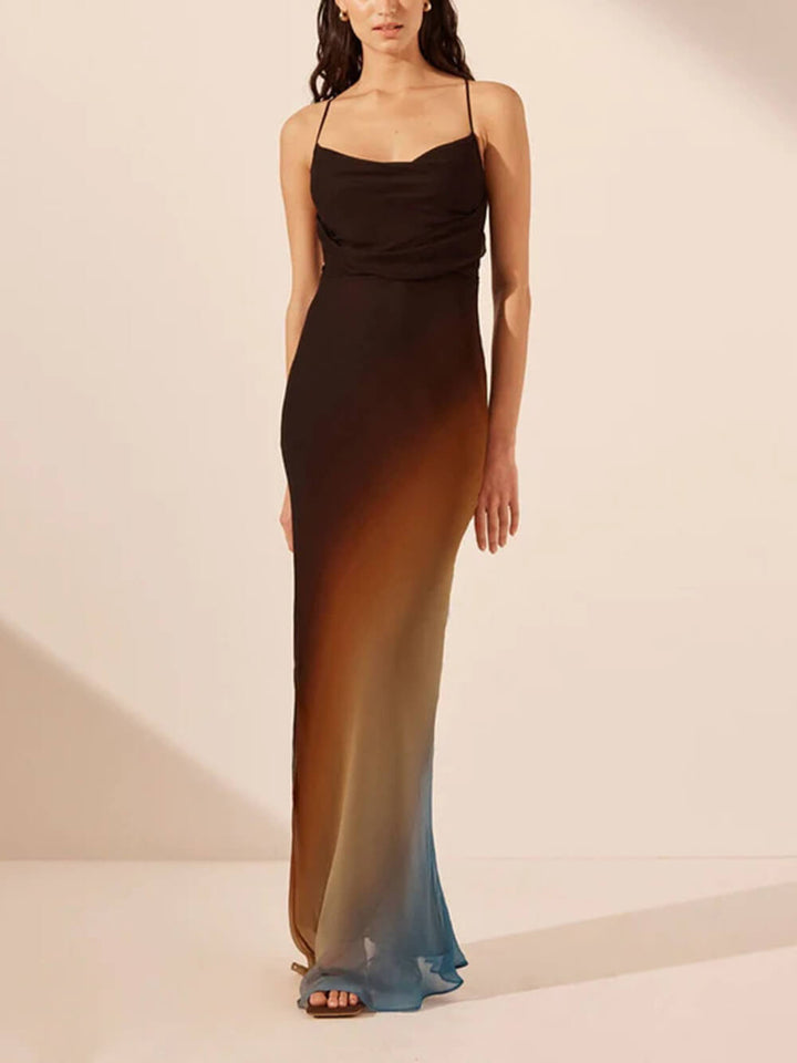 Elegant women's wedding guest maxi dress with spaghetti straps and a stylish backless design for formal occasions.