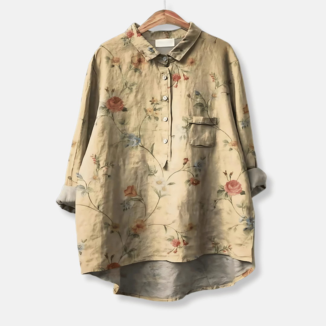 Spring/Summer women's floral long blouse. Button-front, loose fit, elegant & casual long sleeve top.