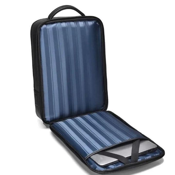 Smart travel backpack, black, with anti-theft design & integrated USB charger for secure trips.