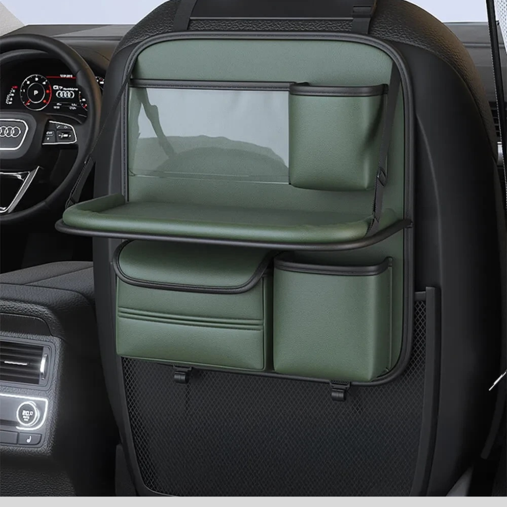Foldable tray table on a car back-seat organizer, perfect for eating, work, or kids' activities.