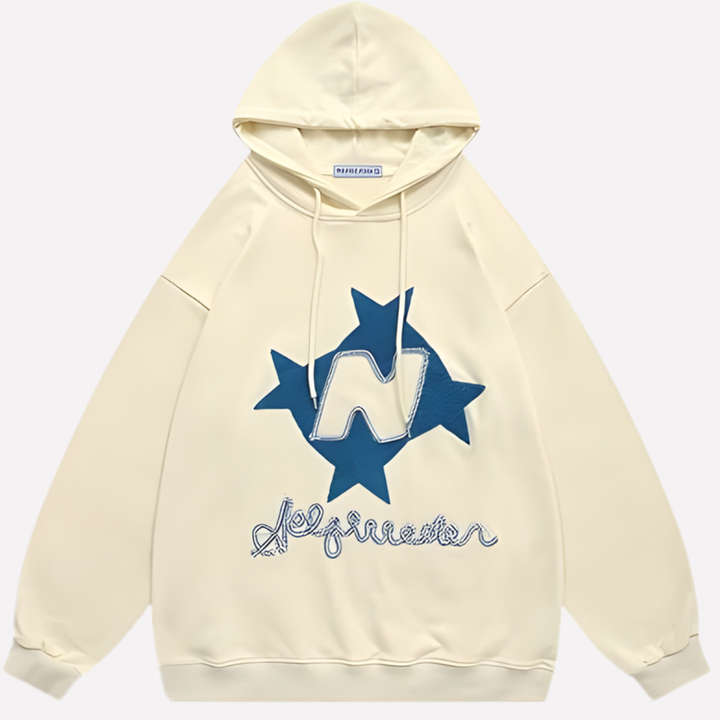 Long sleeve, oversized women's star graphic hoodie. Cozy, relaxed fit pullover for casual style.
