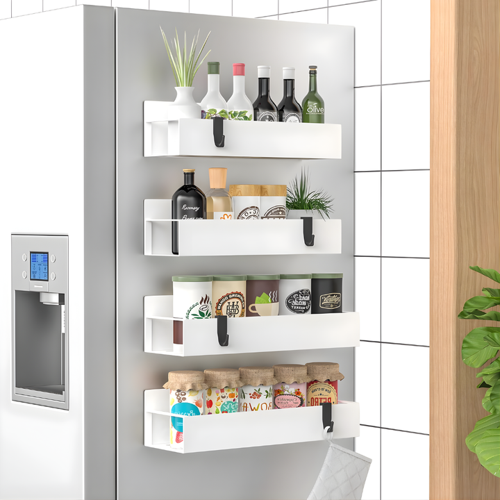 Sleek black magnetic spice rack set for kitchen organization, a stylish & space-saving refrigerator seasoning organizer.