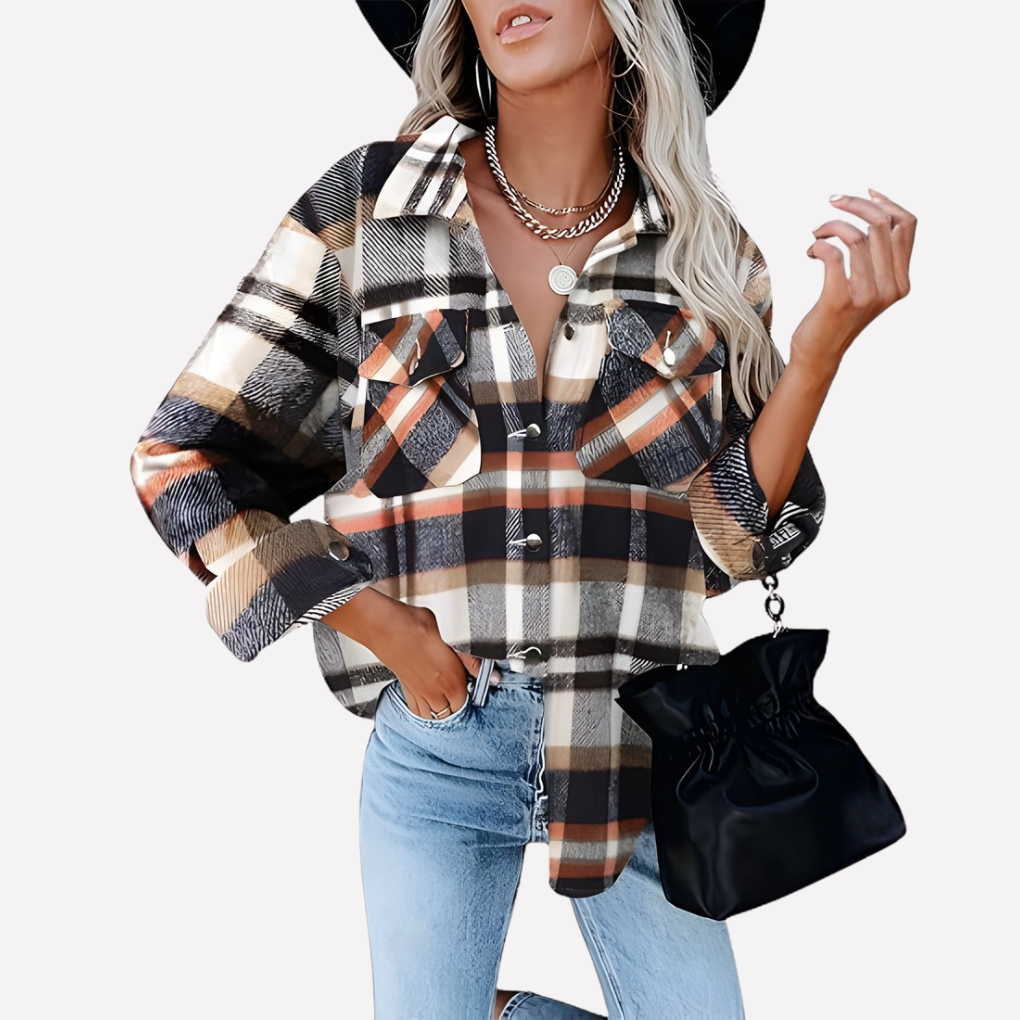 Fall fashion women's plaid shacket, relaxed fit long sleeve top & stylish outerwear.